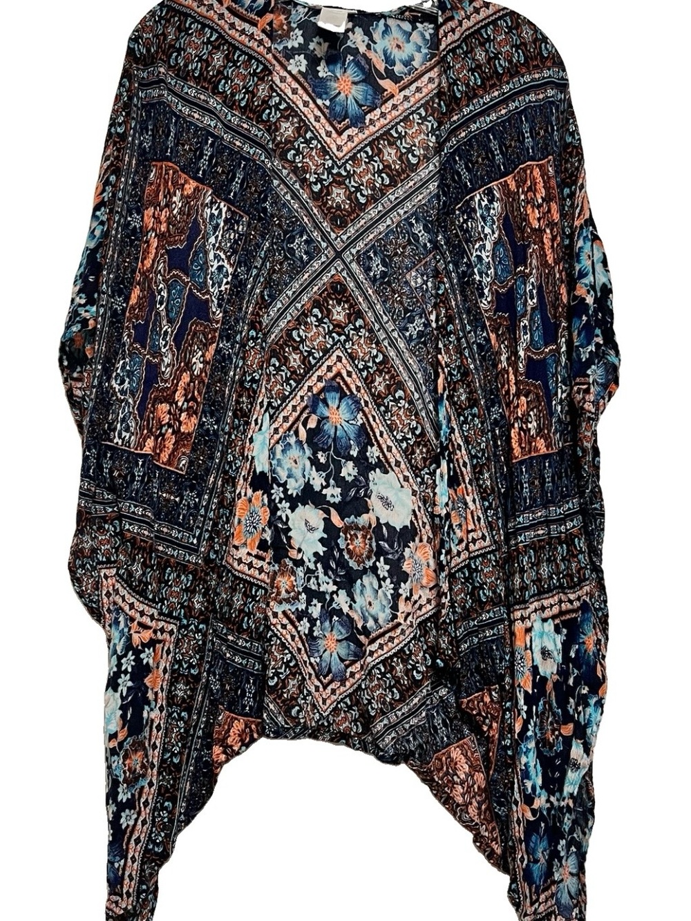 Maurices Navy Floral Patchwork Kimono with Teal & Coral Accents